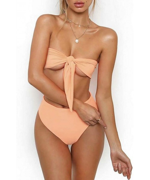 Sets Women's Solid Sexy Ruched Twist Bandeau Top Bow Tie Knot Front 2PCS Bikini Sets Swimsuit Beachwear Bathing Suit - Light ...