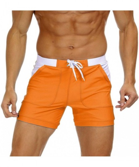 Board Shorts Men's Swimwear Swimsuits Solid Basic Long Swim Boxer Trunks Board Shorts with Pockets - Orange - C018Y2QDWQ2