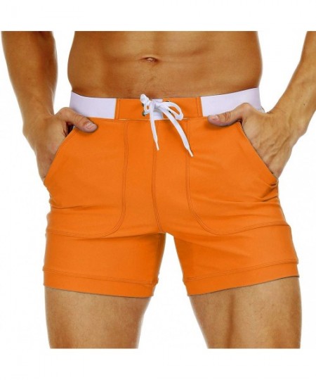 Board Shorts Men's Swimwear Swimsuits Solid Basic Long Swim Boxer Trunks Board Shorts with Pockets - Orange - C018Y2QDWQ2