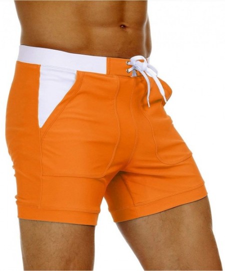 Board Shorts Men's Swimwear Swimsuits Solid Basic Long Swim Boxer Trunks Board Shorts with Pockets - Orange - C018Y2QDWQ2