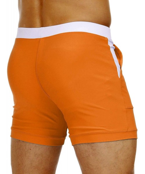 Board Shorts Men's Swimwear Swimsuits Solid Basic Long Swim Boxer Trunks Board Shorts with Pockets - Orange - C018Y2QDWQ2