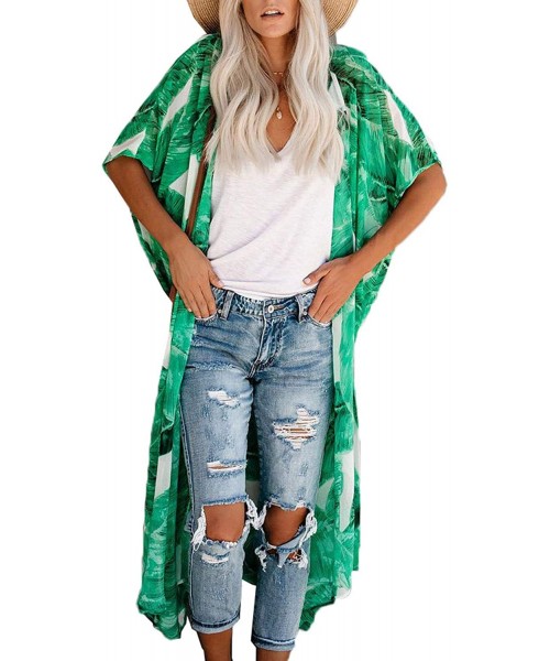 Cover-Ups Women's Chiffon Kimono Loose Cardigan Lightweight Cover Up - Belt-green - CU193EC9MYN