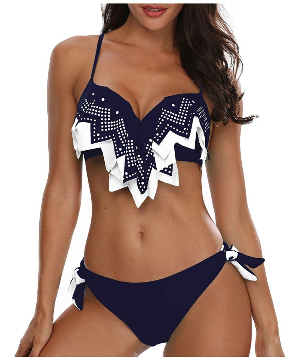 Sets Flounce Push Up Bikini Swimsuits for Women Two Piece Bathing Suits - Dark Blue - C118YSKOIUM