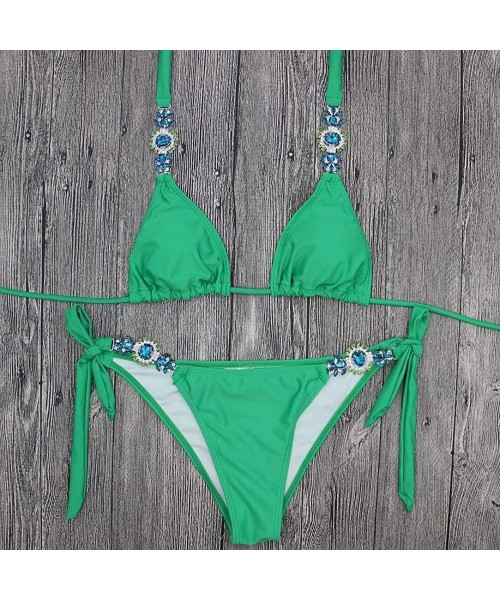 Sets Women's Sexy Swimwear Rhinestone Halter Low Waisted Tie Side Bikini Set 2 Pieces Crystal Diamond Swimsuit - Green - CJ18...