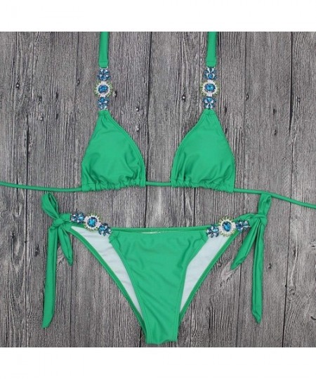 Sets Women's Sexy Swimwear Rhinestone Halter Low Waisted Tie Side Bikini Set 2 Pieces Crystal Diamond Swimsuit - Green - CJ18...