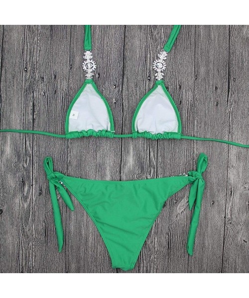 Sets Women's Sexy Swimwear Rhinestone Halter Low Waisted Tie Side Bikini Set 2 Pieces Crystal Diamond Swimsuit - Green - CJ18...