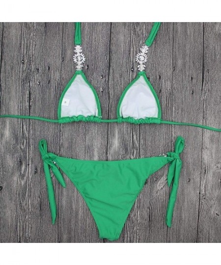 Sets Women's Sexy Swimwear Rhinestone Halter Low Waisted Tie Side Bikini Set 2 Pieces Crystal Diamond Swimsuit - Green - CJ18...