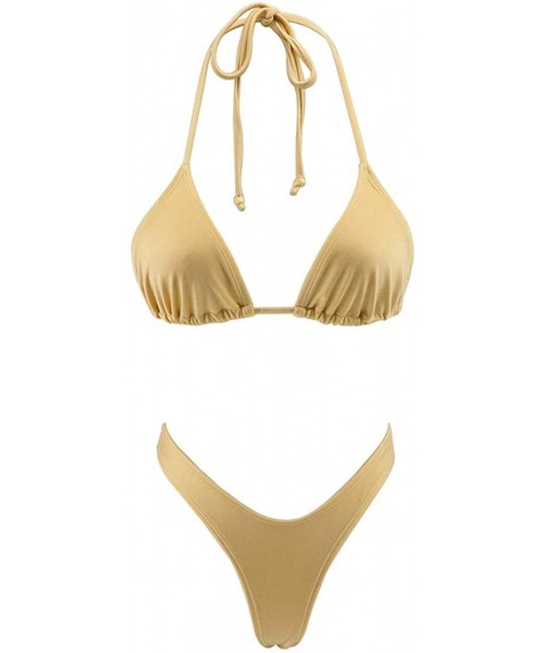 Sets Bikini Set High Cut T Back Thong Swimwear Women's Swimwear Triangle Top Bathing Suit - Gold - CW18HYWSEA6