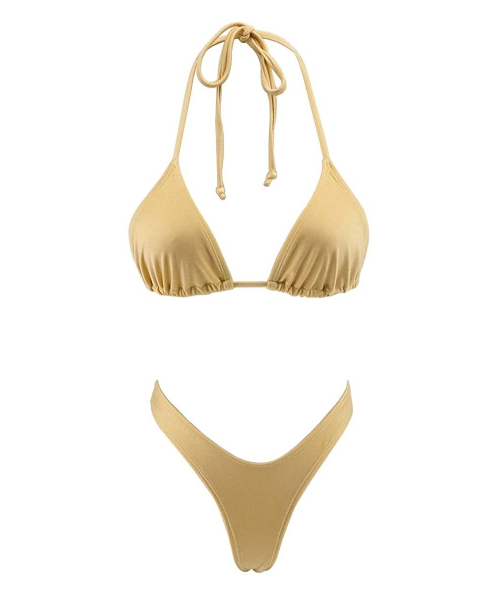 Sets Bikini Set High Cut T Back Thong Swimwear Women's Swimwear Triangle Top Bathing Suit - Gold - CW18HYWSEA6