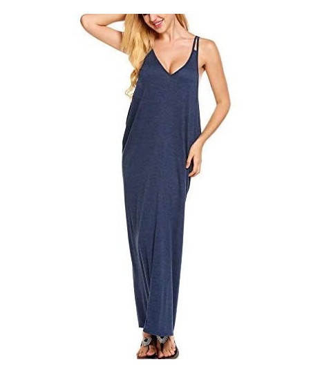 Cover-Ups Women's Casual V-Neck Loose Beach Solid Cover-UP Long Maxi Dress - Navy Blue - C1184WMMY6U