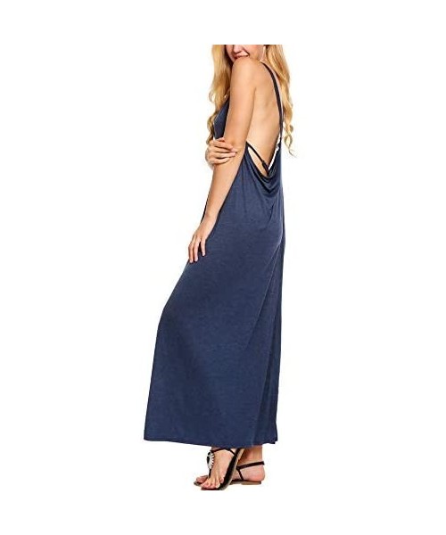 Cover-Ups Women's Casual V-Neck Loose Beach Solid Cover-UP Long Maxi Dress - Navy Blue - C1184WMMY6U