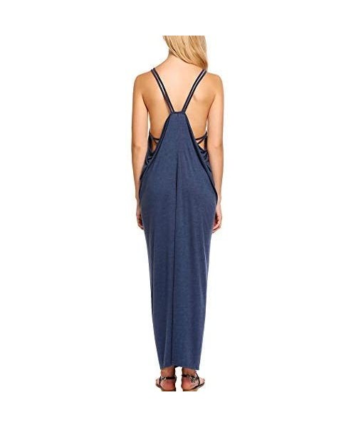 Cover-Ups Women's Casual V-Neck Loose Beach Solid Cover-UP Long Maxi Dress - Navy Blue - C1184WMMY6U