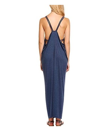 Cover-Ups Women's Casual V-Neck Loose Beach Solid Cover-UP Long Maxi Dress - Navy Blue - C1184WMMY6U