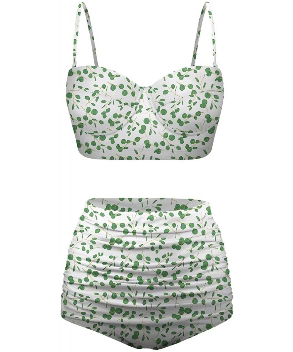 Tankinis Women's Retro Summer Bright Floral Print Funny Swimsuits High Waisted Bikini Set - White+green-4 - CH196SQLE88