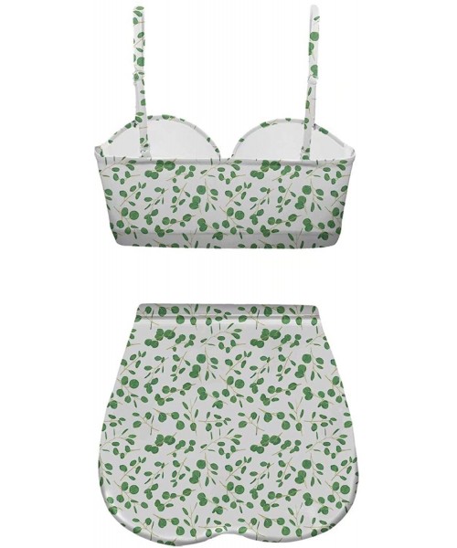 Tankinis Women's Retro Summer Bright Floral Print Funny Swimsuits High Waisted Bikini Set - White+green-4 - CH196SQLE88