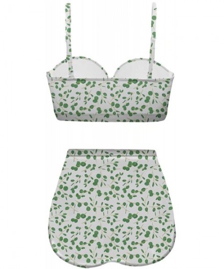 Tankinis Women's Retro Summer Bright Floral Print Funny Swimsuits High Waisted Bikini Set - White+green-4 - CH196SQLE88