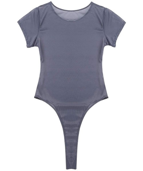 One-Pieces Women's Sexy Breezy Sheer Teddy Bodysuit See Through When Wet One Piece Swimsuit - Grey - CI199UGTY6I