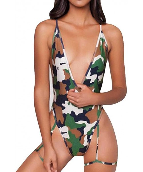 Sets Deep V Neck Sexy Garter Belt Bikinis for Women 2019 Spaghetti Straps Cross On Back One Piece Swimsuits - Camouflage - C7...