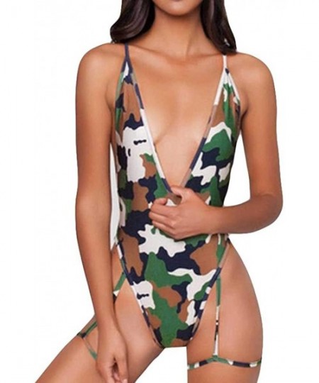 Sets Deep V Neck Sexy Garter Belt Bikinis for Women 2019 Spaghetti Straps Cross On Back One Piece Swimsuits - Camouflage - C7...