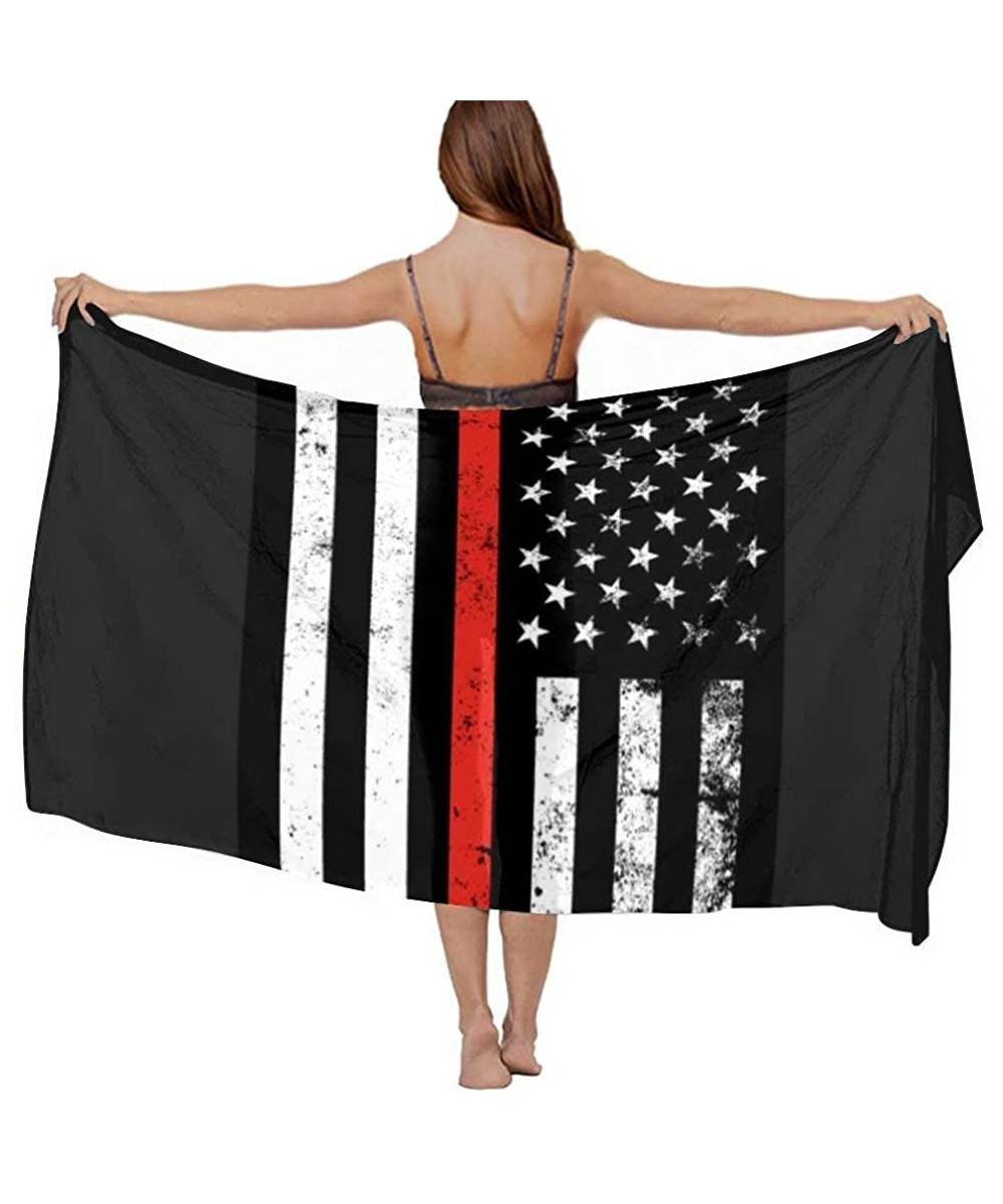 Cover-Ups Women Fashion Shawl Wrap Summer Vacation Beach Towels Swimsuit Cover Up American Red Thin Flag Firefighter Black - ...