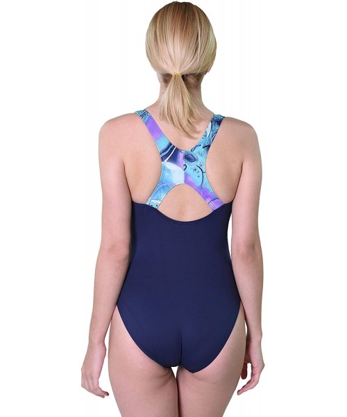 One-Pieces Hawaii UV Women Rash Guard Yoga Active Workout One Piece Swim Suit - Navy With Jade Violet - C218C5Q2DKO