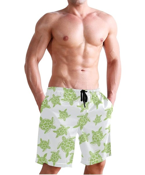 Board Shorts Men's Swim Trunks Black and White Check Flag Quick Dry Beach Board Shorts with Pockets - Green Sea Turtles Patte...