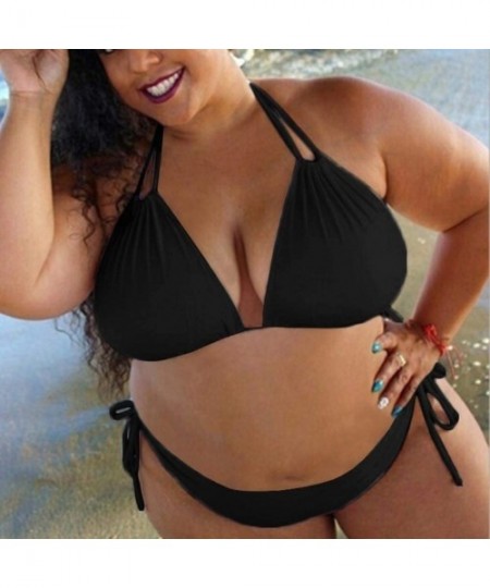 Sets Plus Size Solid Color Swimsuit for Women- Two Piece High Waist Strappy Lace Up V Neck Sexy Bikini Set - Black - CI1965GTKKS