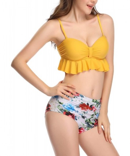 Sets Women Swimsuits Two Piece High Waisted Bandeau Bikini Sets - Yellow - CD18SM8ROZ3