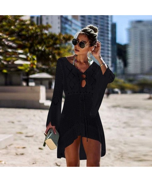 Cover-Ups Women Crochet Sunscreen Cover Up Bikini Swimwear Knit Beach Swimsuit Bandage - Black - C918RXN2N4U