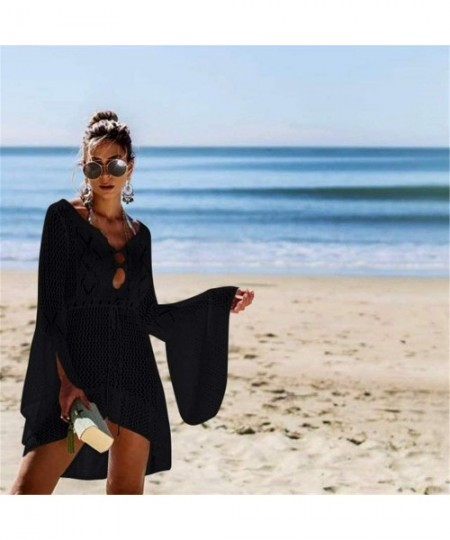 Cover-Ups Women Crochet Sunscreen Cover Up Bikini Swimwear Knit Beach Swimsuit Bandage - Black - C918RXN2N4U