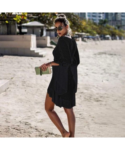 Cover-Ups Women Crochet Sunscreen Cover Up Bikini Swimwear Knit Beach Swimsuit Bandage - Black - C918RXN2N4U