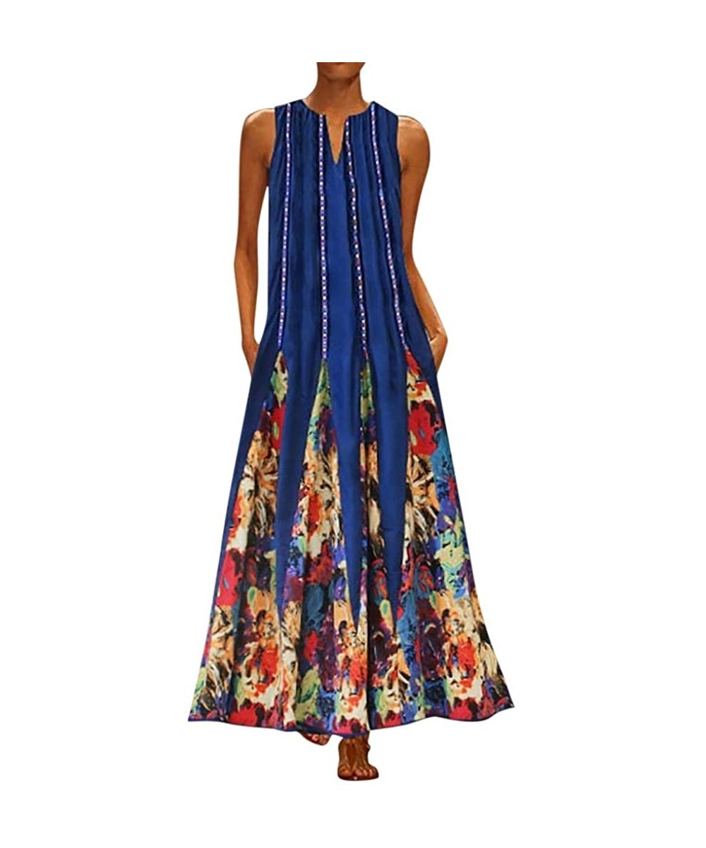 Cover-Ups Women's Vintage Boho V-Neck Sleeveless Long Maxi Dress Floral Print Summer Casual Loose Party Tank Swing Dresses - ...