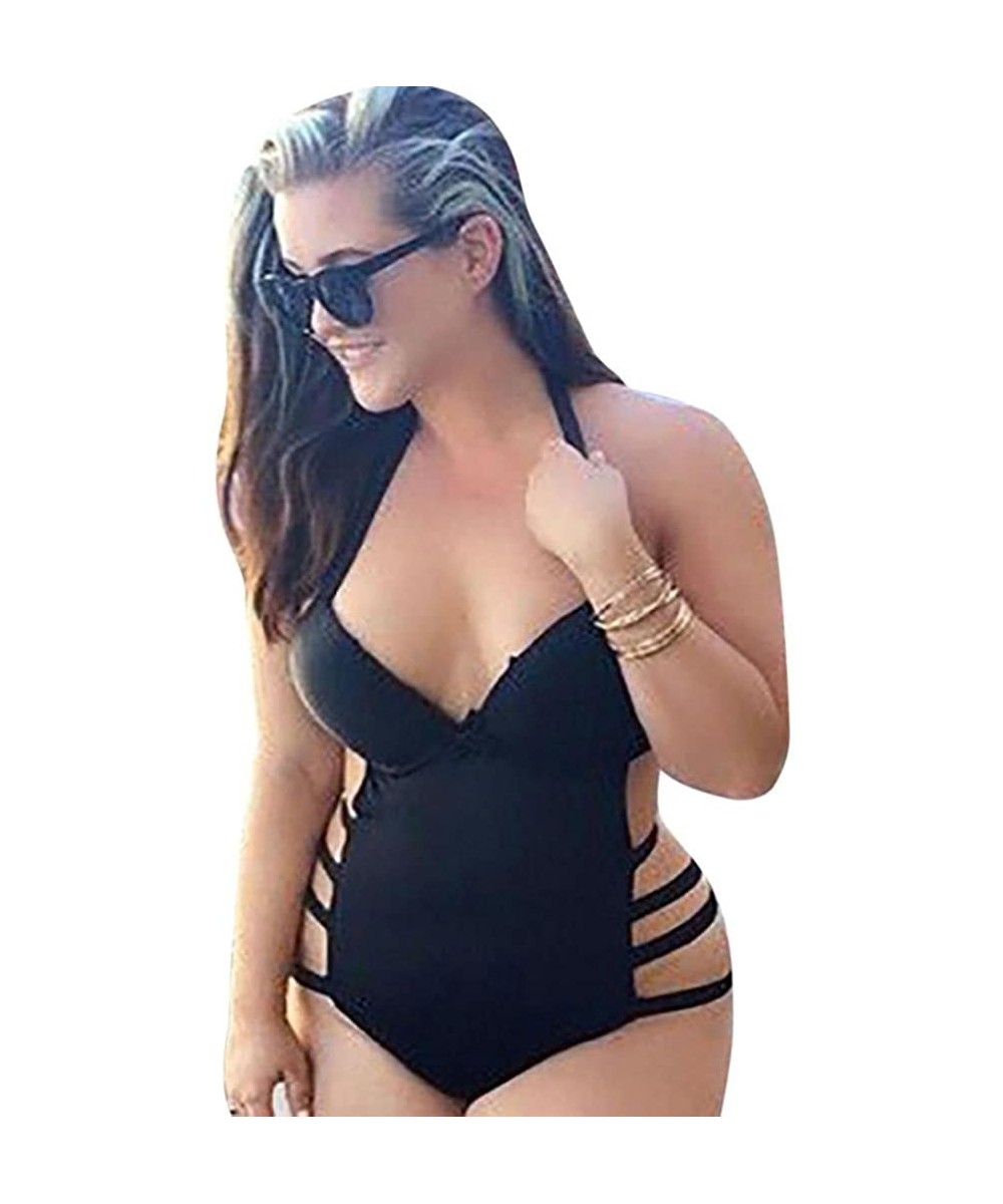 One-Pieces Women Sexy Plus Size One-Piece Swimsuit Halter Neck Strappy Bandage Backless Swimwear Bathing Suit - Black - CW18D...