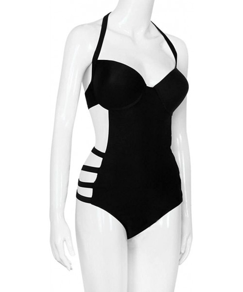 One-Pieces Women Sexy Plus Size One-Piece Swimsuit Halter Neck Strappy Bandage Backless Swimwear Bathing Suit - Black - CW18D...