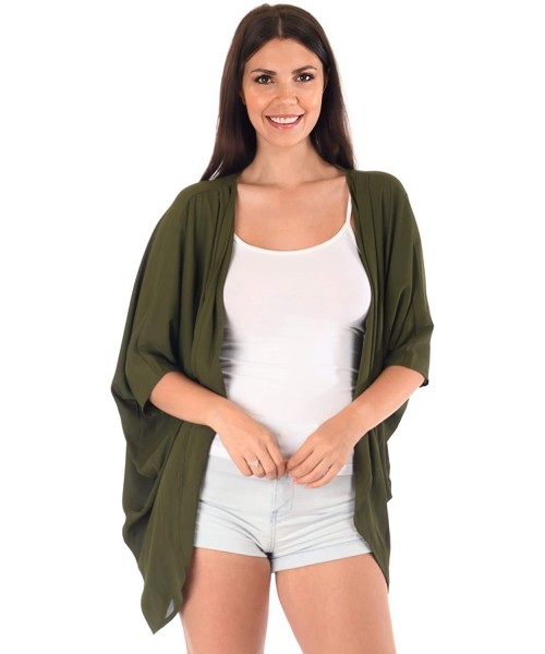 Cover-Ups Women's Solid Chiffon Kimono Cardigan Swimwear Cover-Ups (Size S - 5X) - Olive - C518XU72IMU