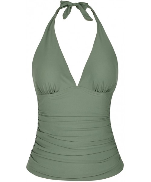 Tops Women's Plunging V Neck Halter Swim Tops Shirred Tankini Top - Army Green - C3193AXAHI2