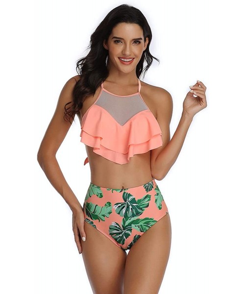 Sets Mommy and Me Swimsuits Two Piece Bikini Swimsuit Family Matching Bathing Suits High Waisted - Orange + Floral 03 - C5194...