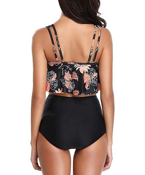 Sets Swimsuit for Women Two Piece Bathing Suit High Waisted Ruffled Tankini Bikini - Black Flower - CR196T89R3Q