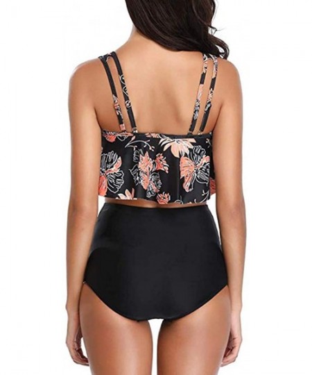 Sets Swimsuit for Women Two Piece Bathing Suit High Waisted Ruffled Tankini Bikini - Black Flower - CR196T89R3Q