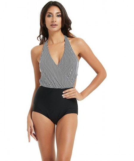 One-Pieces Women's One Piece Backless Swimsuits Plunging Neckline Front Cross High Waist Bathing Suits Swimwear - Grey&black ...