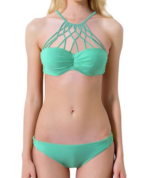 Sets Womens High Neck Strappy Padded Push Up Two Piece Bikini Set Bathing Suit - Baltic - CR12ELSTDSX