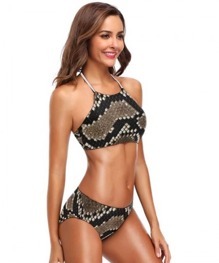 Sets Green Serious Virus Cell 2 Pcs Halter High Waist Swimsuit Bathing Set for Woman Girls - Snake Print - C118O3KA378