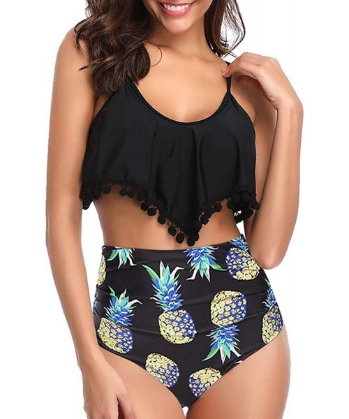 Sets Women High Waisted Swimsuit Flounce Swimwear Racerback Vintage Two Piece Bikini - Tassel Pineapple - C818TTZNY5E