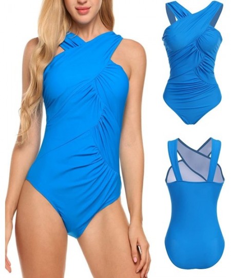 Racing Women One Piece Swimwear Halter Padded Ruched Bikini Monokini Swimsuits(S-XXL) - Sky Blue - CX18DDO4H4A