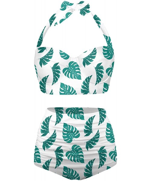 Sets Womens Halter Retro Tropical Leaves Summer Pattern SwimsuitsTwo Piece High Waisted Bikini - White-2 - C7196N6RGZ0