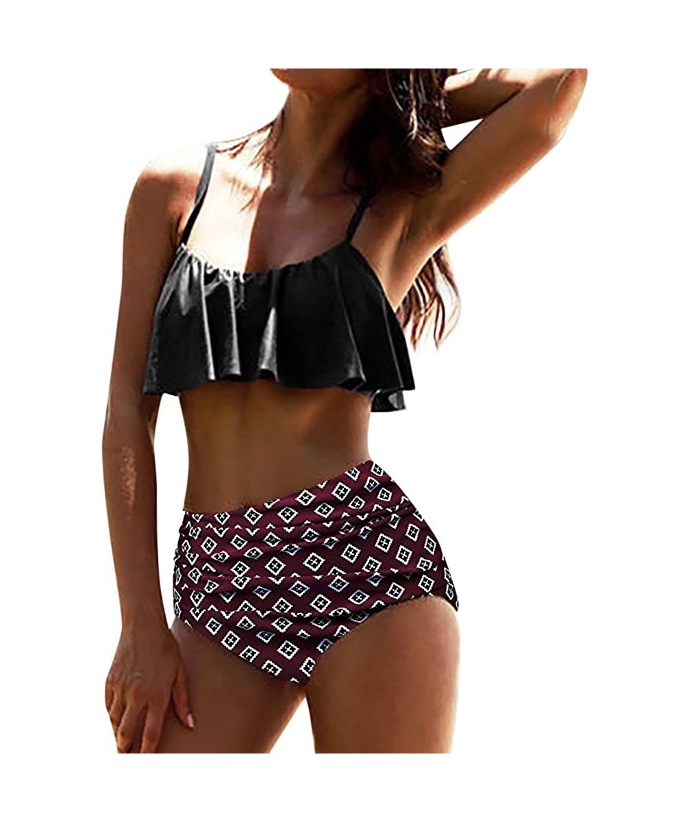 Sets Plus Size Bikini for Women Ruffle Swimsuit High Waisted Bottom Sunflower Print Swimwear Tankini - Wine Red 2 - CB18SYQIWMI