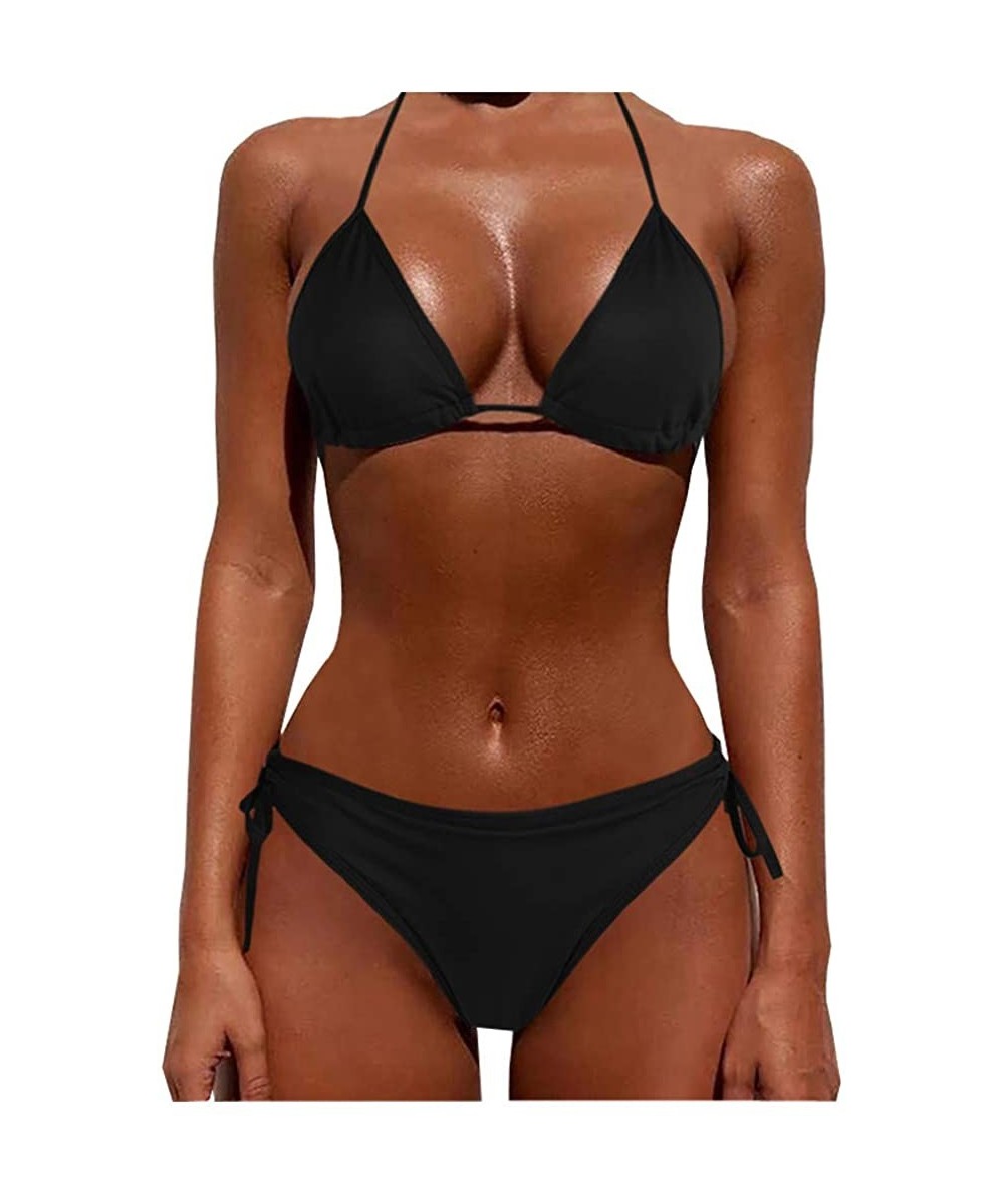 Board Shorts Women Tie Side Bottom Padded Top Triangle Bikini String Beach Bathing Suit Two Piece Swimsuit - Black - C5196OYK4NX