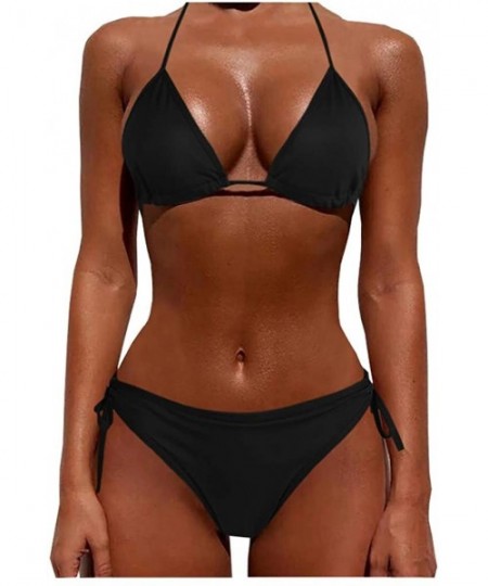 Board Shorts Women Tie Side Bottom Padded Top Triangle Bikini String Beach Bathing Suit Two Piece Swimsuit - Black - C5196OYK4NX