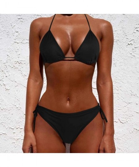 Board Shorts Women Tie Side Bottom Padded Top Triangle Bikini String Beach Bathing Suit Two Piece Swimsuit - Black - C5196OYK4NX