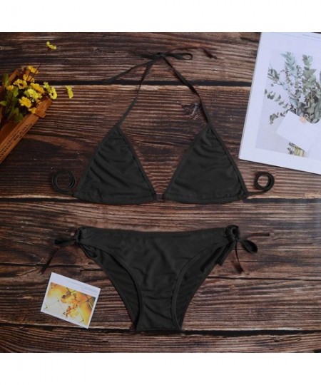 Board Shorts Women Tie Side Bottom Padded Top Triangle Bikini String Beach Bathing Suit Two Piece Swimsuit - Black - C5196OYK4NX